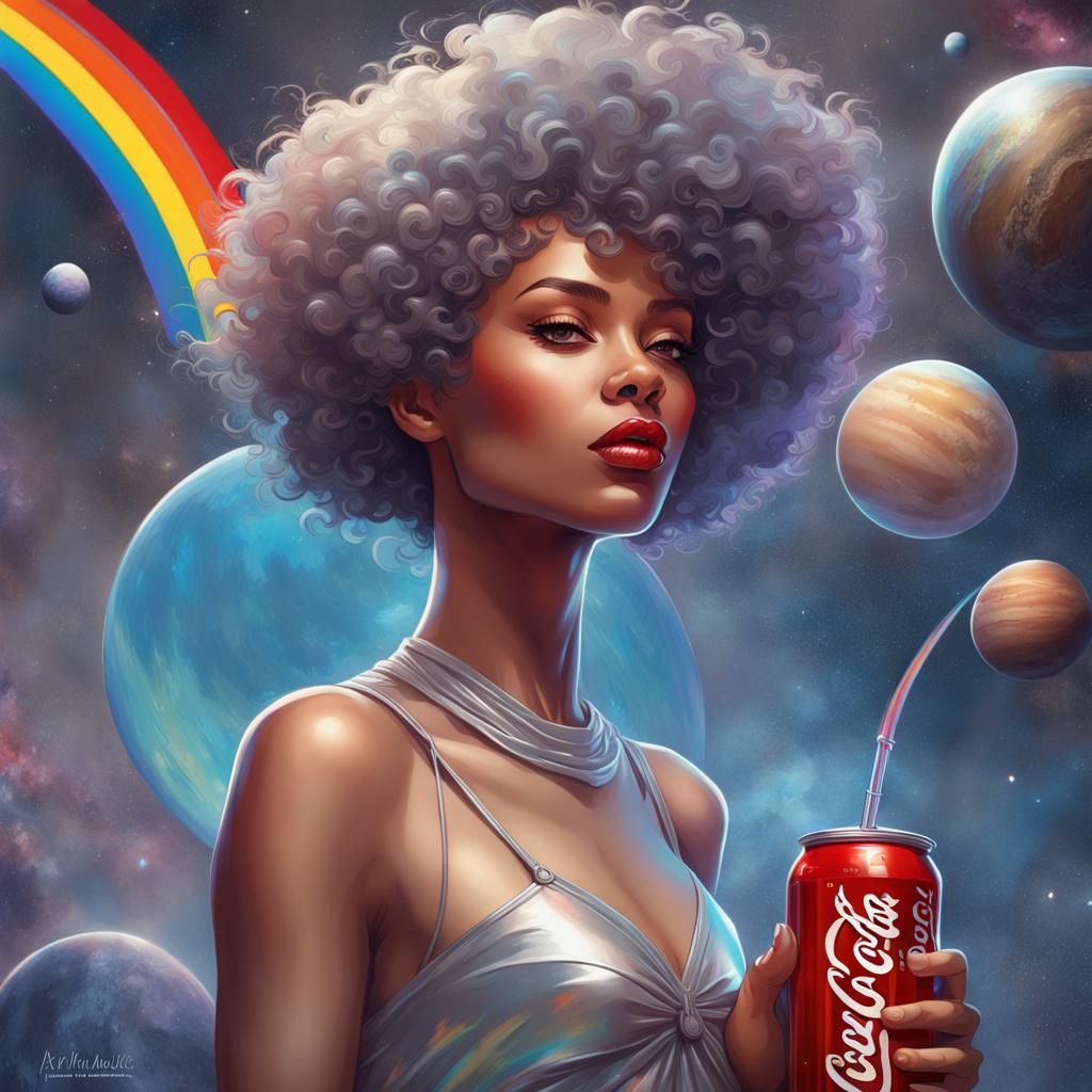 Rainbow Afro Girl Drinking Coca-Cola in Space