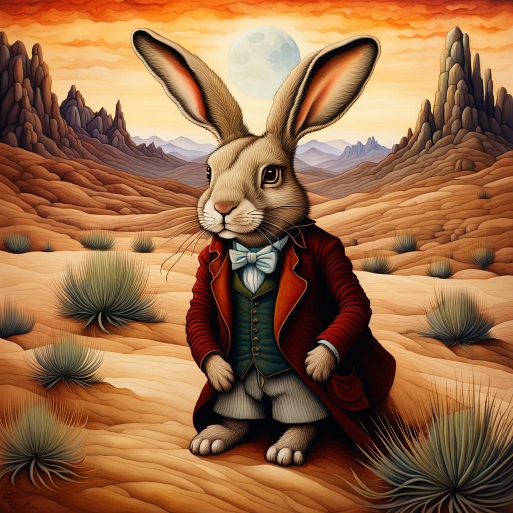 Anthropomorphic Rabbit in Desert Landscape, Alcohol Ink Styl...