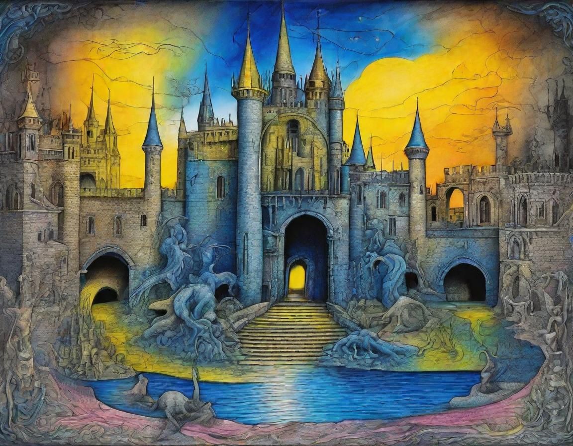 Surreal Medieval Castle Scene in Cosmic Charcoal Style