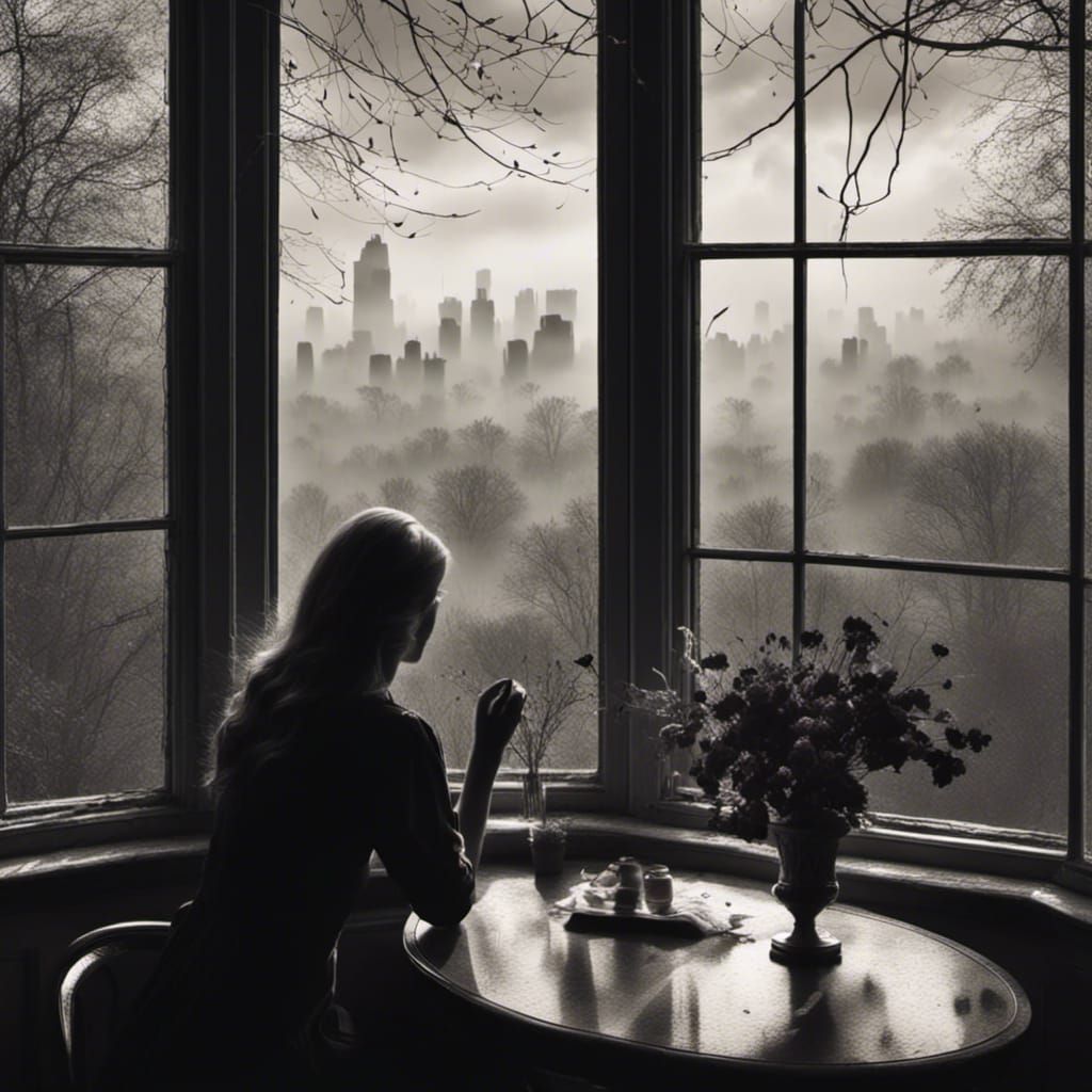 Woman at Window in Misty Minimalist Style