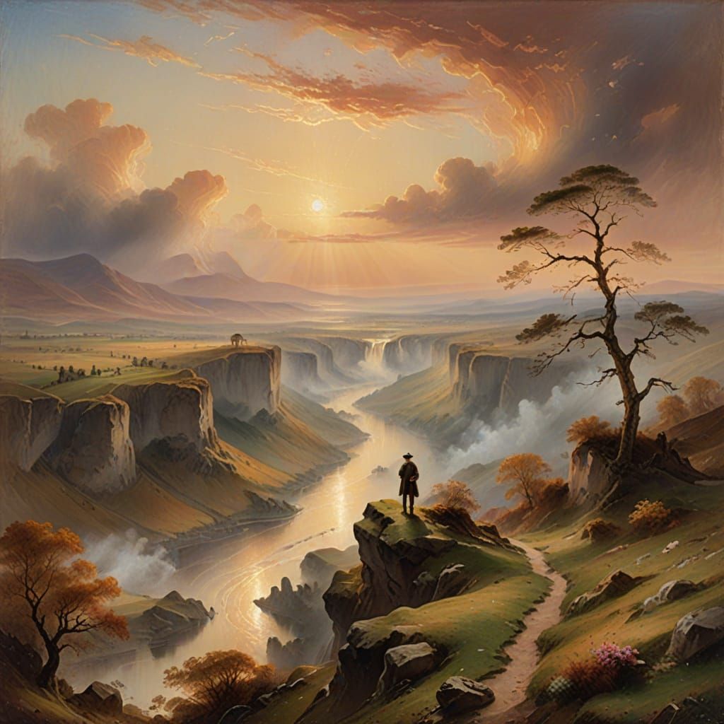 Misty Mountain Landscape at Dawn in Romanticism Style