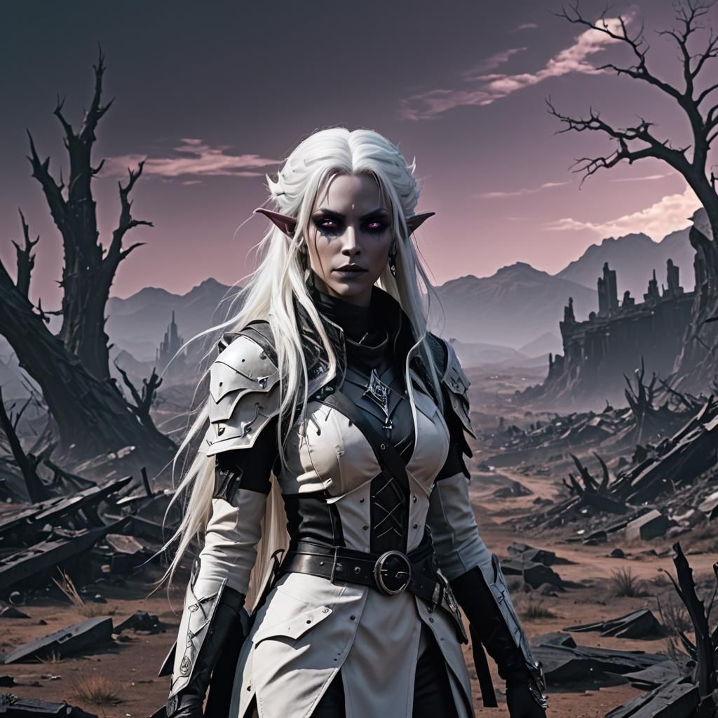 Dystopian Aetherpunk Dark Elf in Neon Landscape