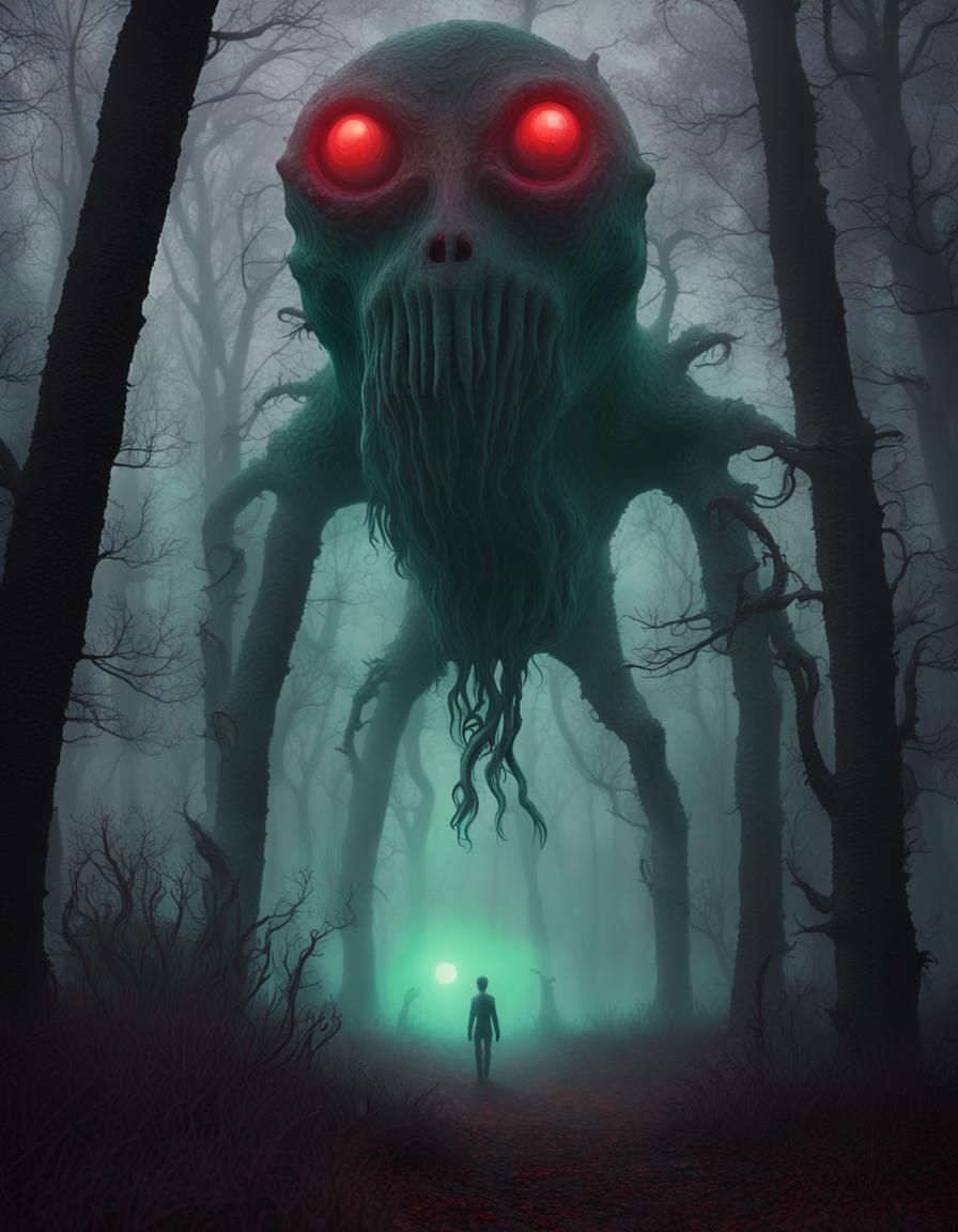 Bioluminescent Monsters Lurking in Foggy Woods