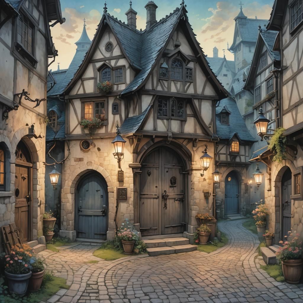 Mystical Medieval Street Scene with Plague Doctor