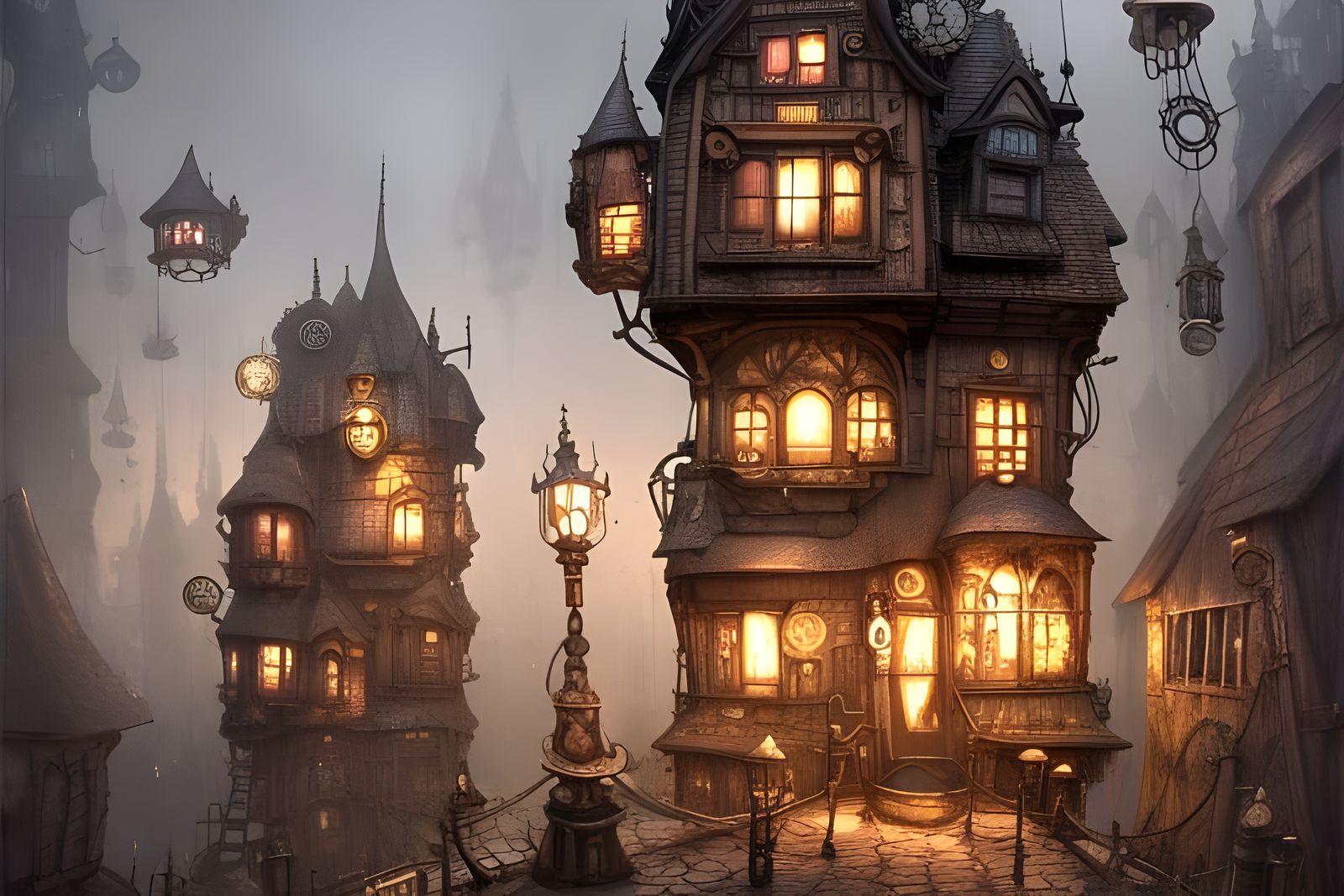 Steampunk Village in Surreal Fantasy Style