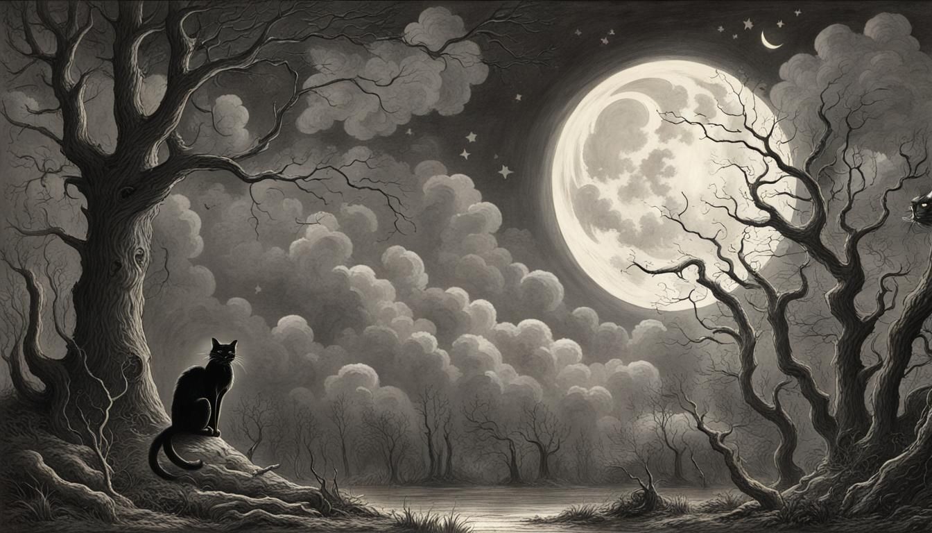 Black Cat in Forest Under Starry Sky