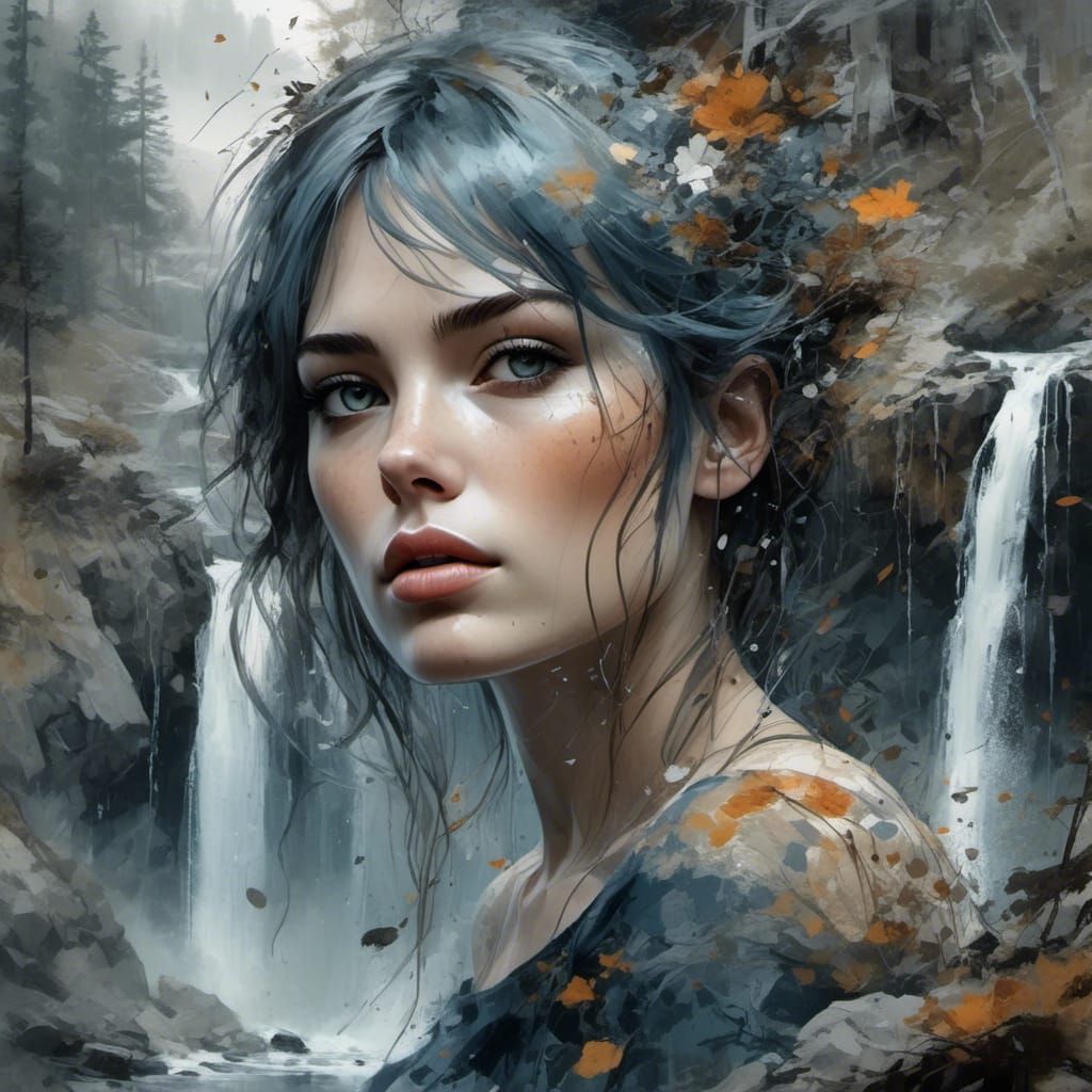 Waterfall Cascade Double Exposure in Installation Art Style