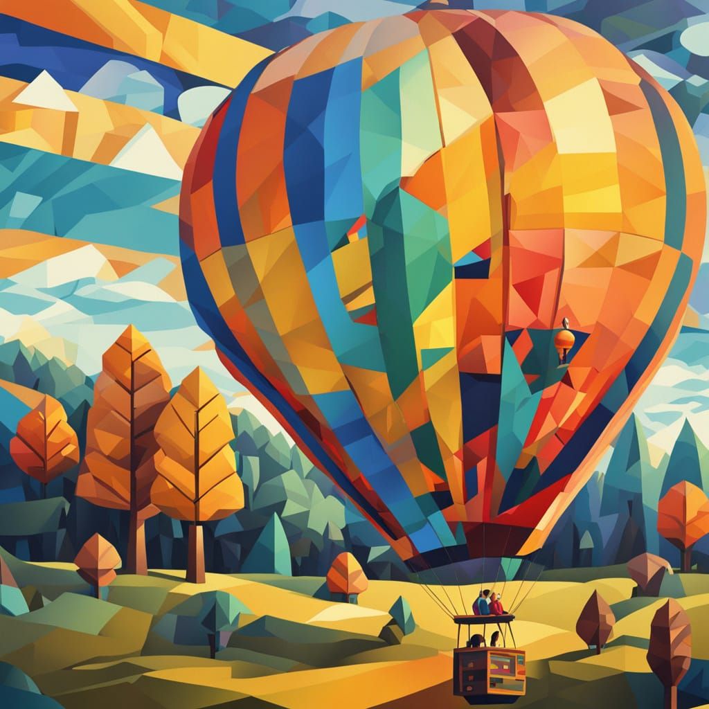 Geometric Cubist Woodland Creature in Hot Air Balloon
