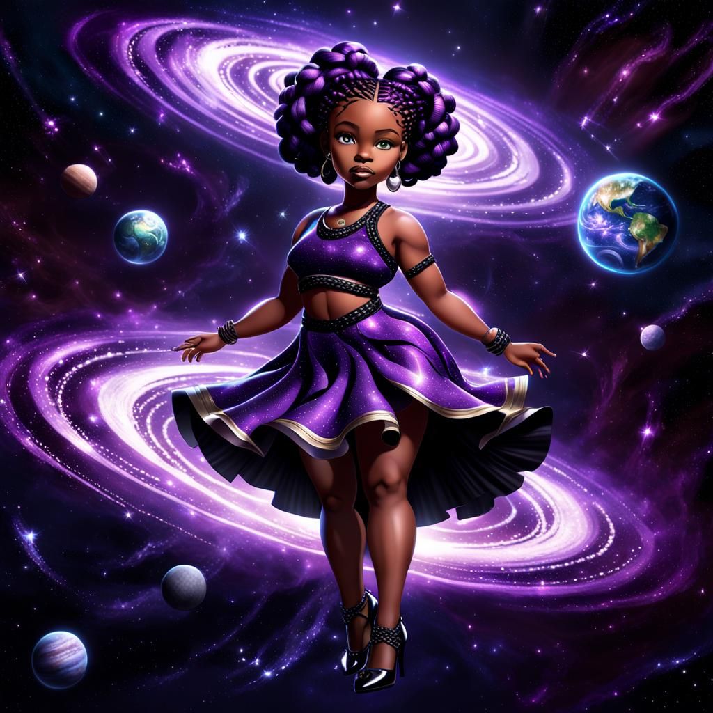 A glamorous hyper-realistic stunning chibi curvy African American woman wearing purple 2-piece dress, bright purple and ...