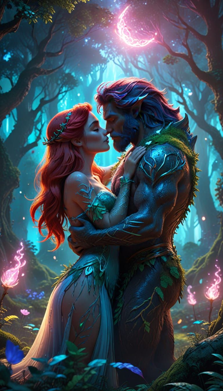 Ariel and Beast Kiss in Mystical Forest: Anime Art