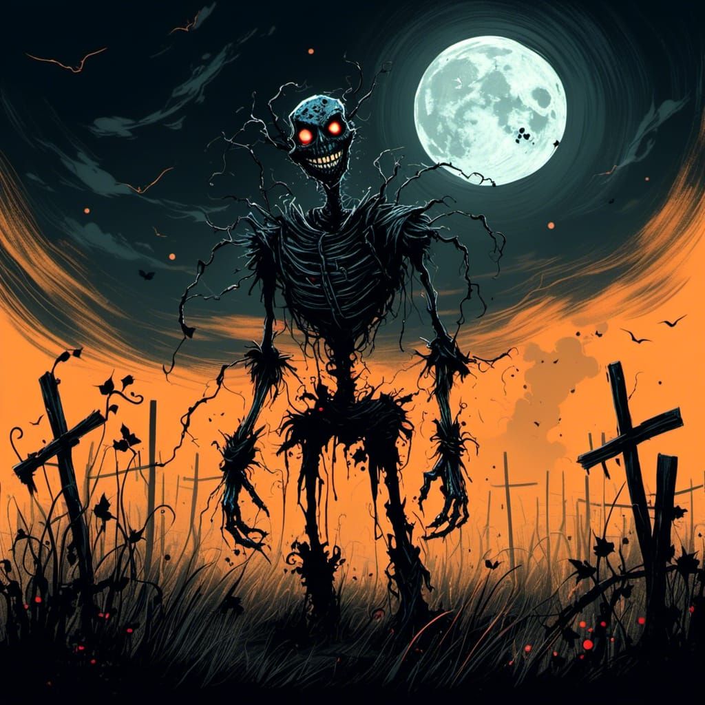 Creepy Scarecrow in Moonlit Field, Twisted Ink Style