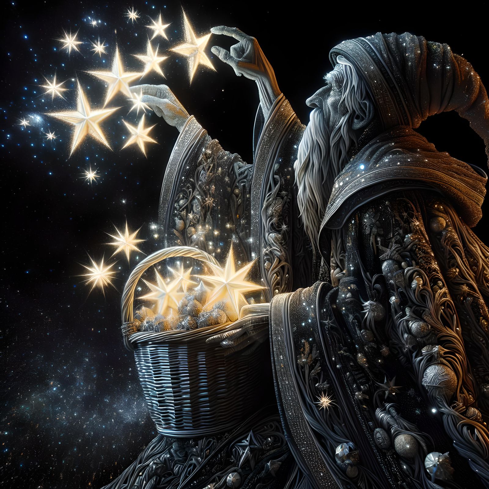 Wizard Collecting Stars in Hyperrealistic Night Sky