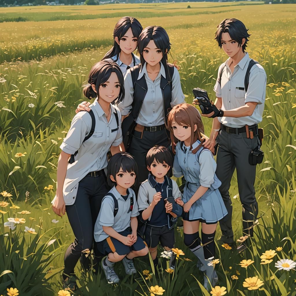 Anime Family Photo in a Field, 3D Art