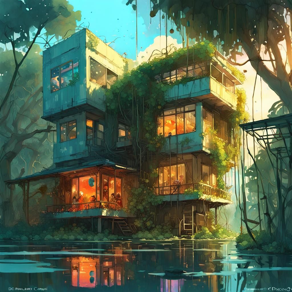 Tropical Solarpunk Village in Glass Art Deco Style