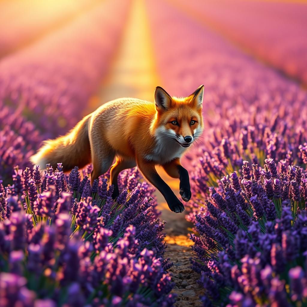 Red Fox Sprints Through Lavender Field, Digital Art