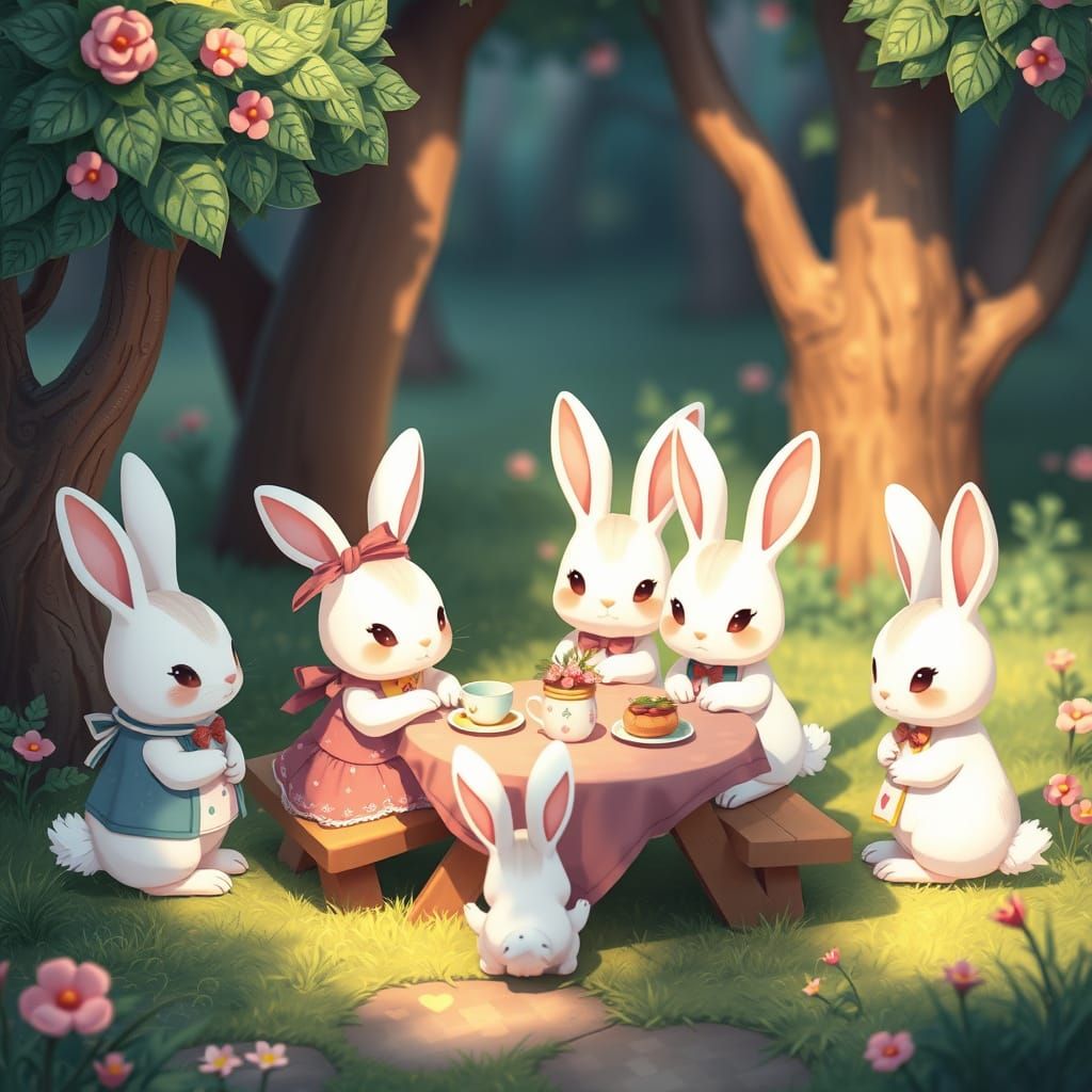 Cartoon Bunnies' Tea Party in Kawaii Anime Style