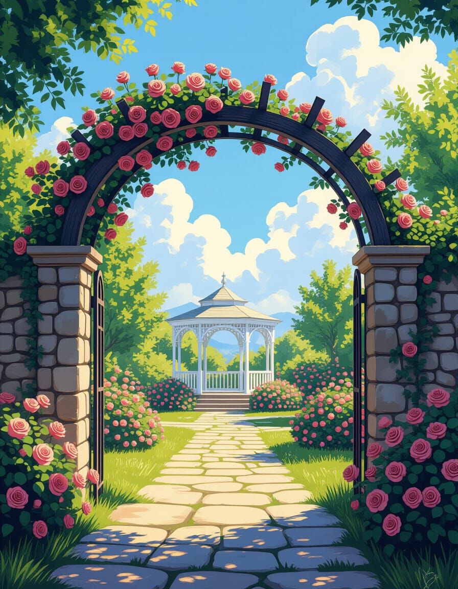 Lush Garden with Gazebo and Climbing Roses