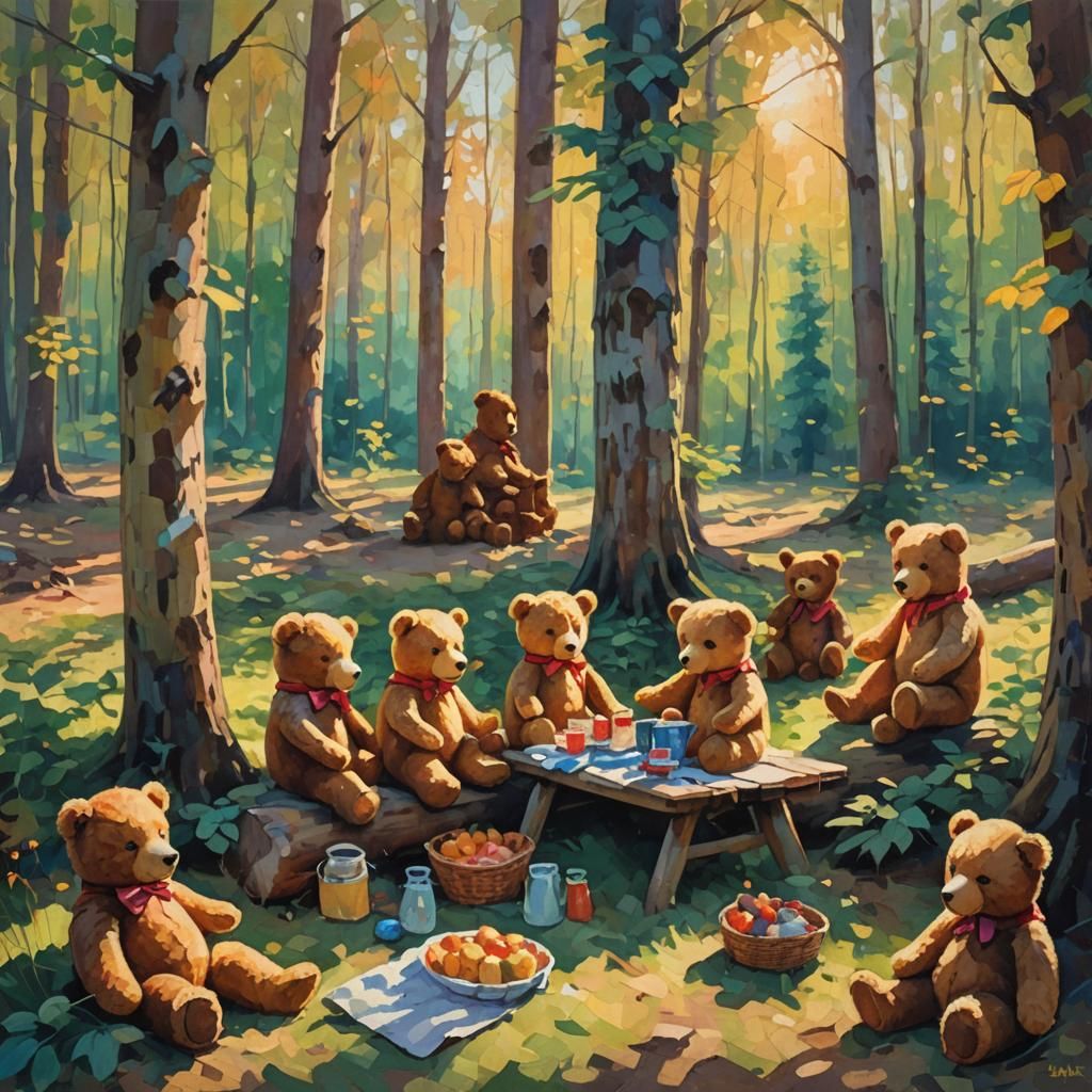 Teddy Bears' Impressionist Picnic in Golden Light