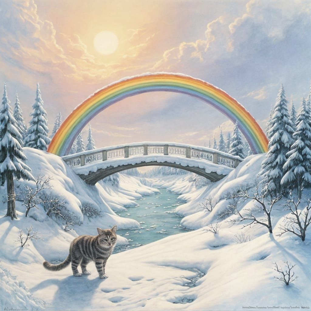 Rainbow Bridge in Winter Wonderland: Dreamlike Illustration