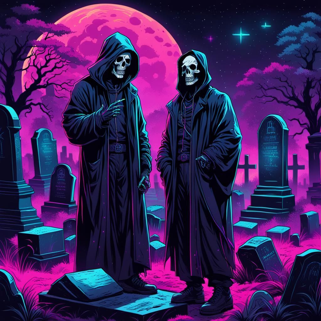 Grim Reaper Visits Cosmic Graveyard in Synthwave Style