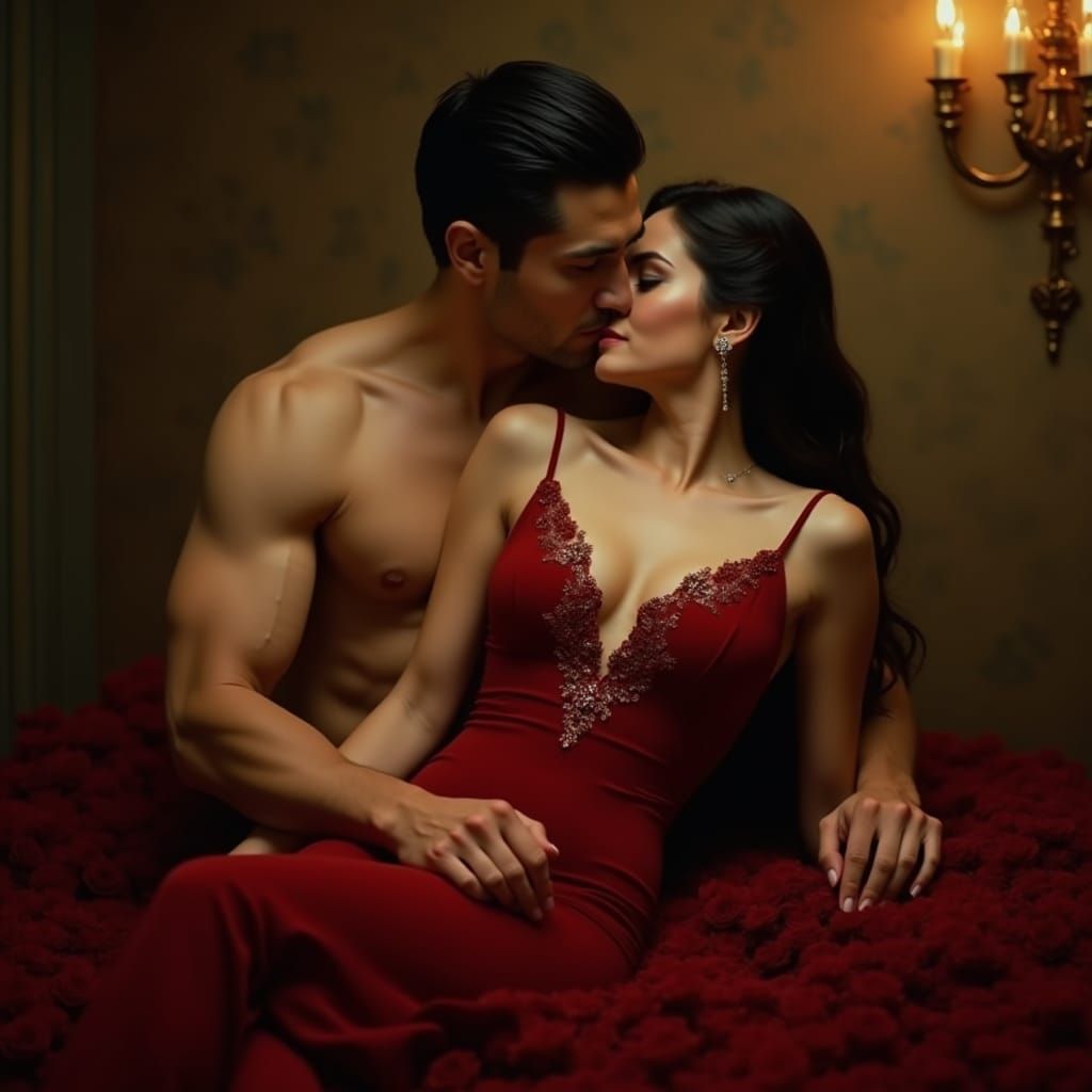 Romantic Embrace: Man and Woman in Opulent Setting