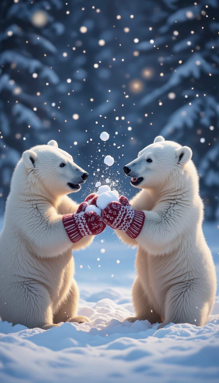 Polar Bears Playful Snowball Fight in Magical Winter Scene
