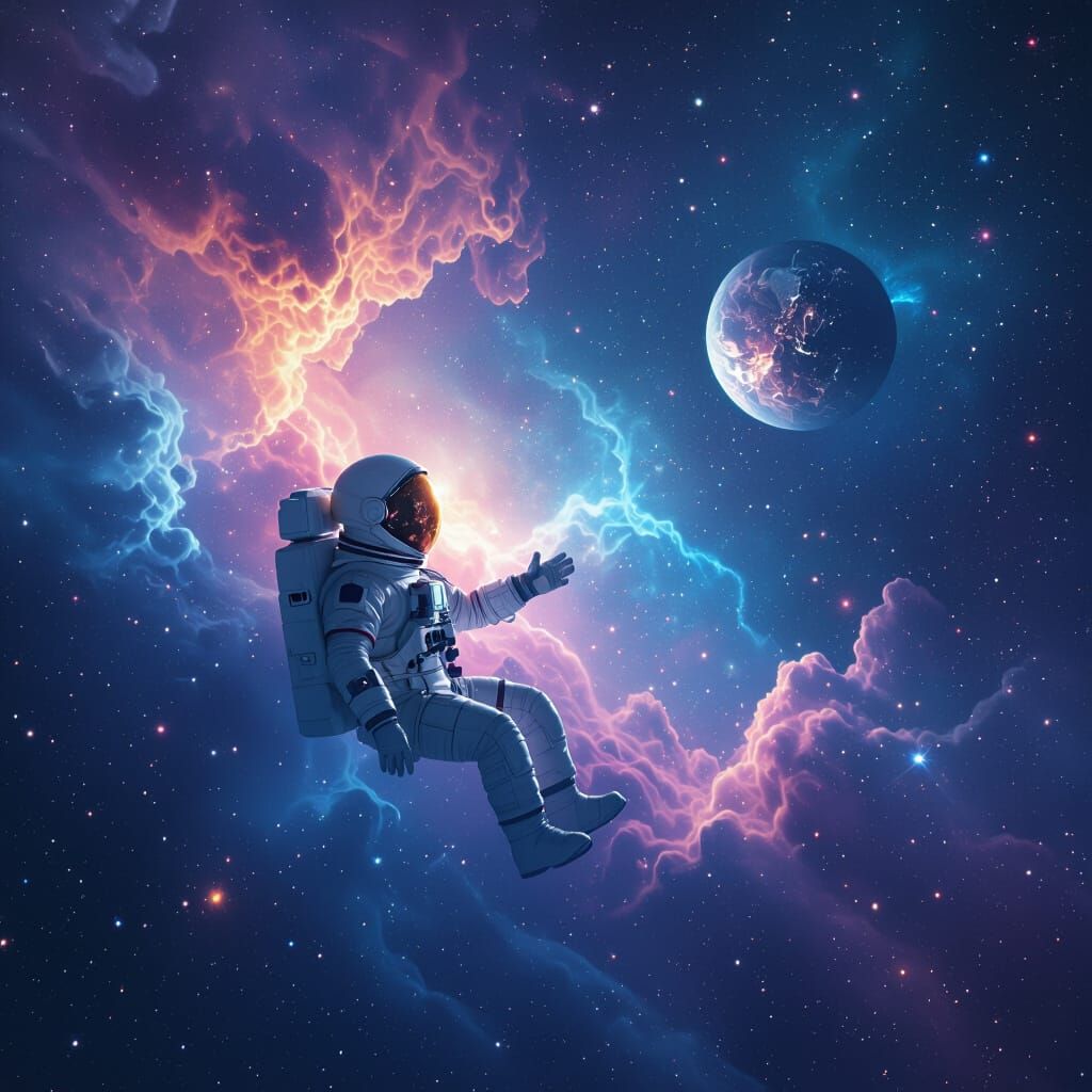 Astronaut Adrift in Nebula Reaching for Crystal Planet