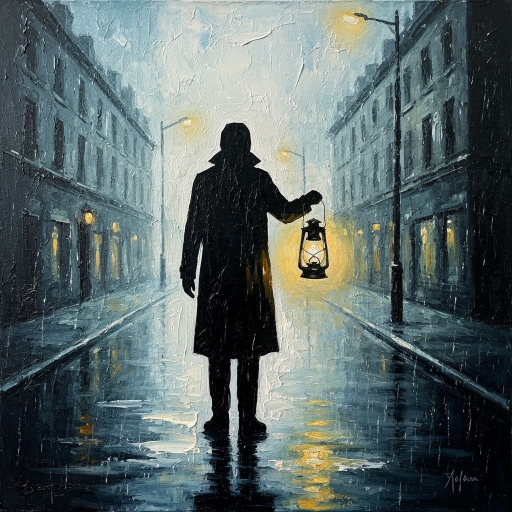 Figure with Lantern in Rain-Soaked Street