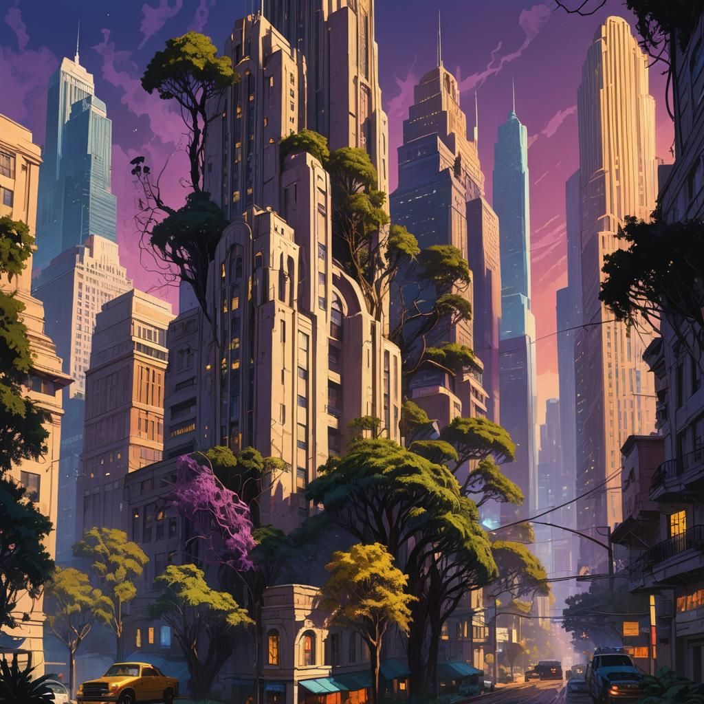 Mystical Cityscape: Art Deco Meets Nature