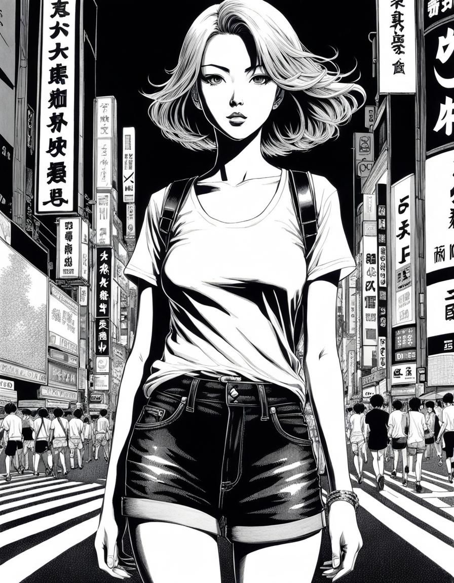 Woman Walks Shibuya Street: Black and White Manga