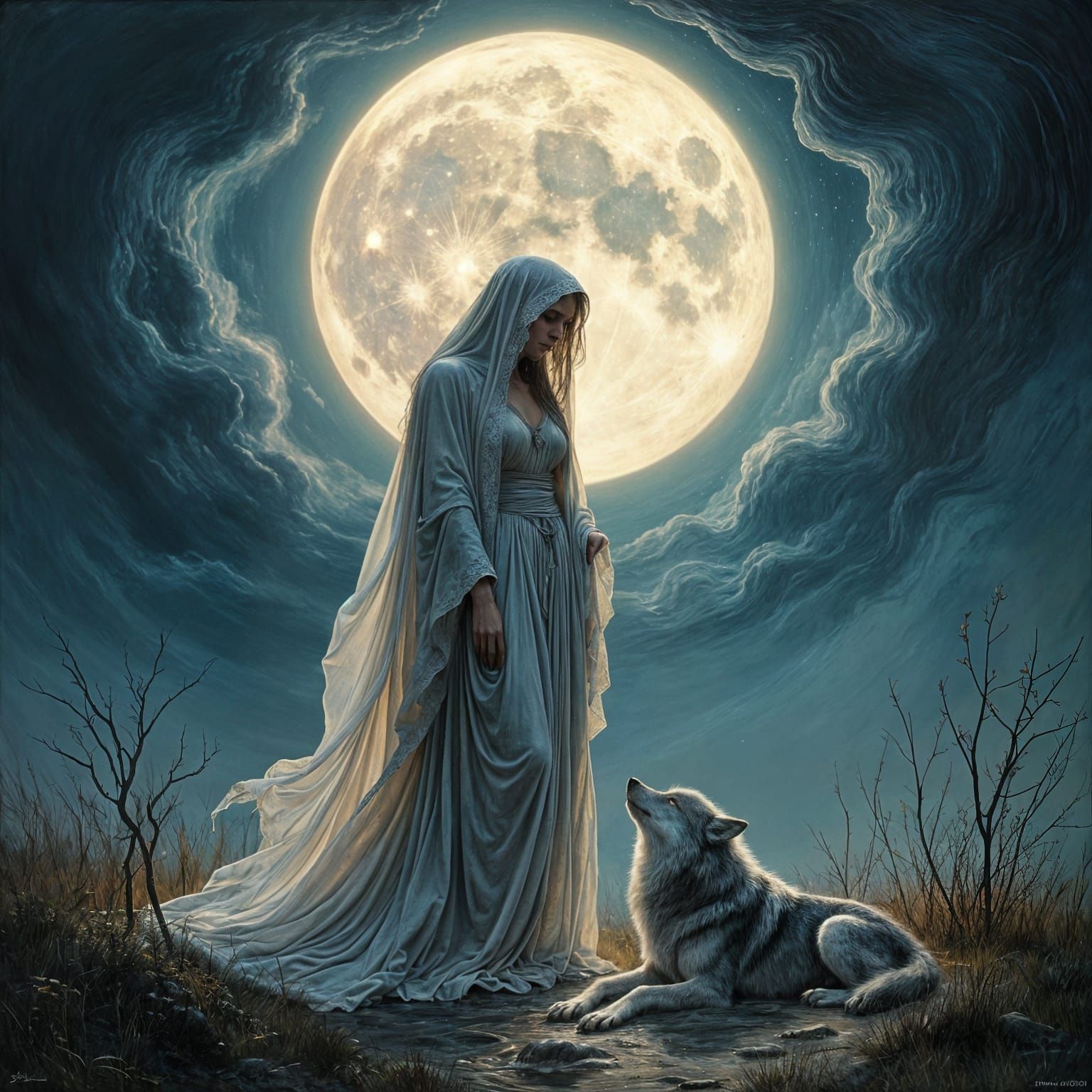 Hecate and Howling Wolf in Moonlit Impasto