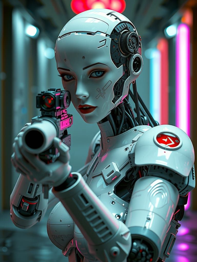 Cyberpunk Cyborg Battle Robot in White Ceramic