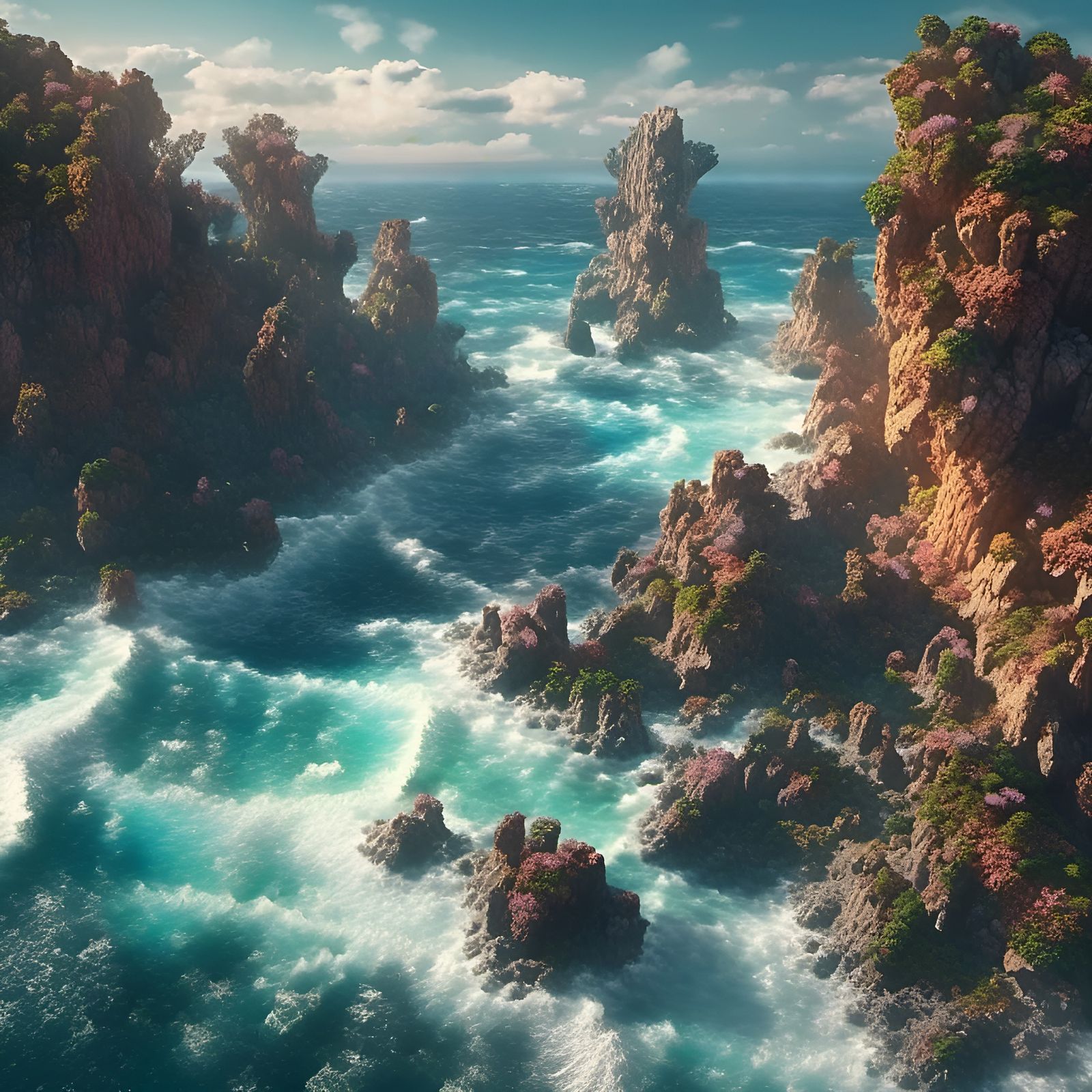 Spectacular Ocean Scene with Rocks in 3D