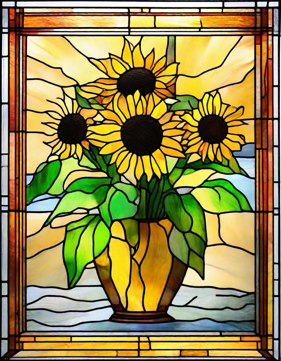 Luminescent Stained Glass Sunflowers in Crystal Cubism Style