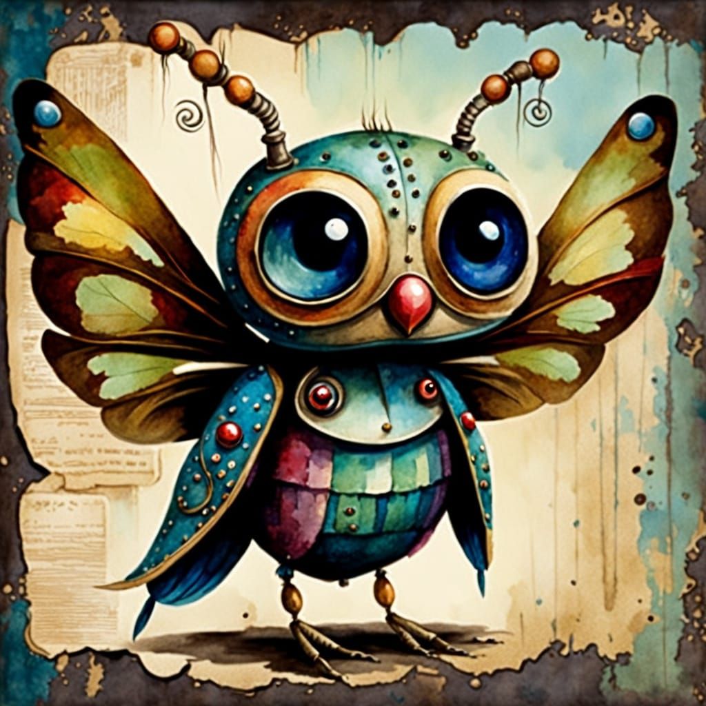 Whimsical Vintage Creature with Dragonfly Wings