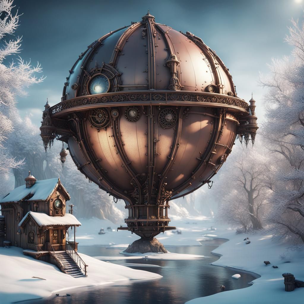 Steampunk gothic planet in winter wonderland