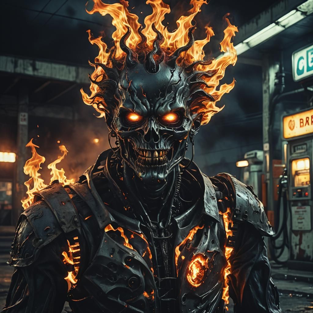Dark Fantasy Gasoline Horror Character in Flames