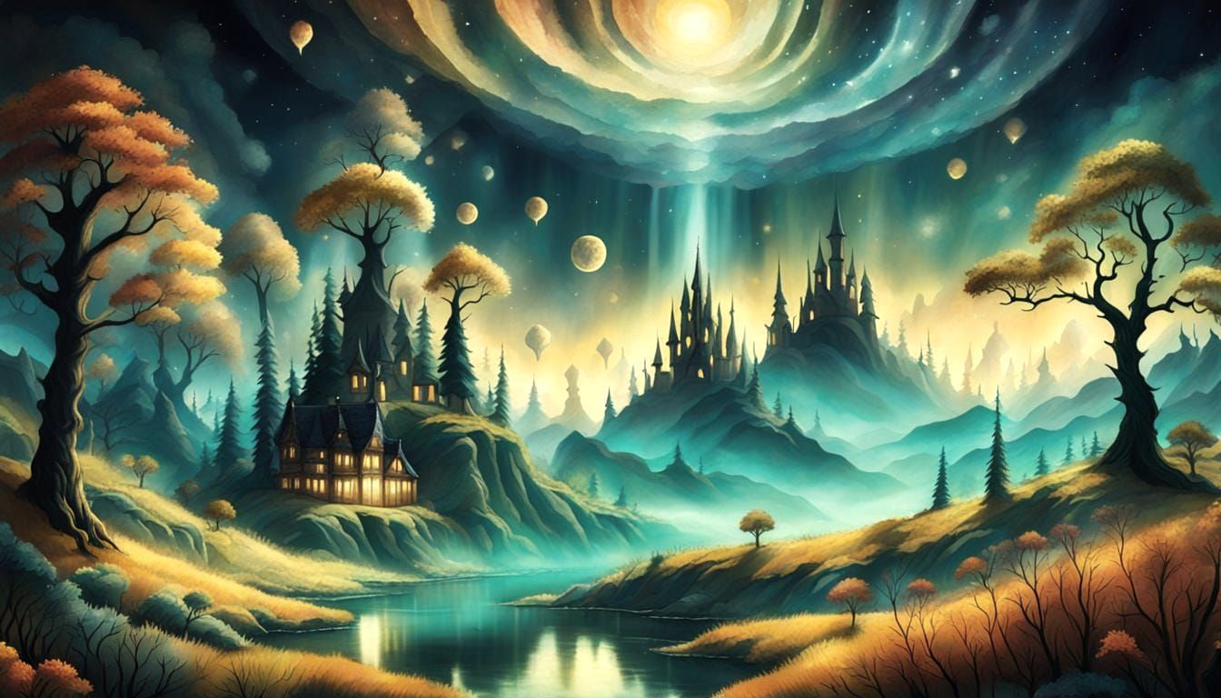 Abstract Wonderland Landscape in Mixed Media Style