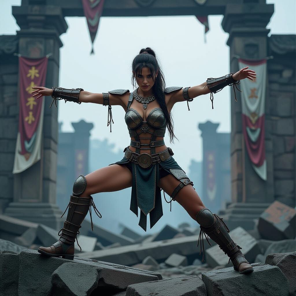 Armored Woman Balances on Ruined Gate