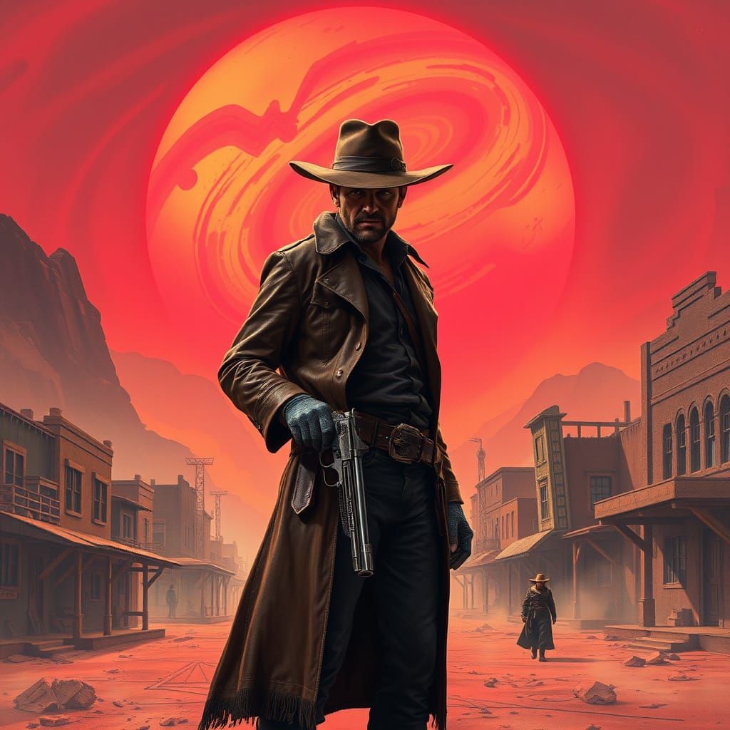 Futuristic Gunslinger Silhouetted Against Alien Sunset