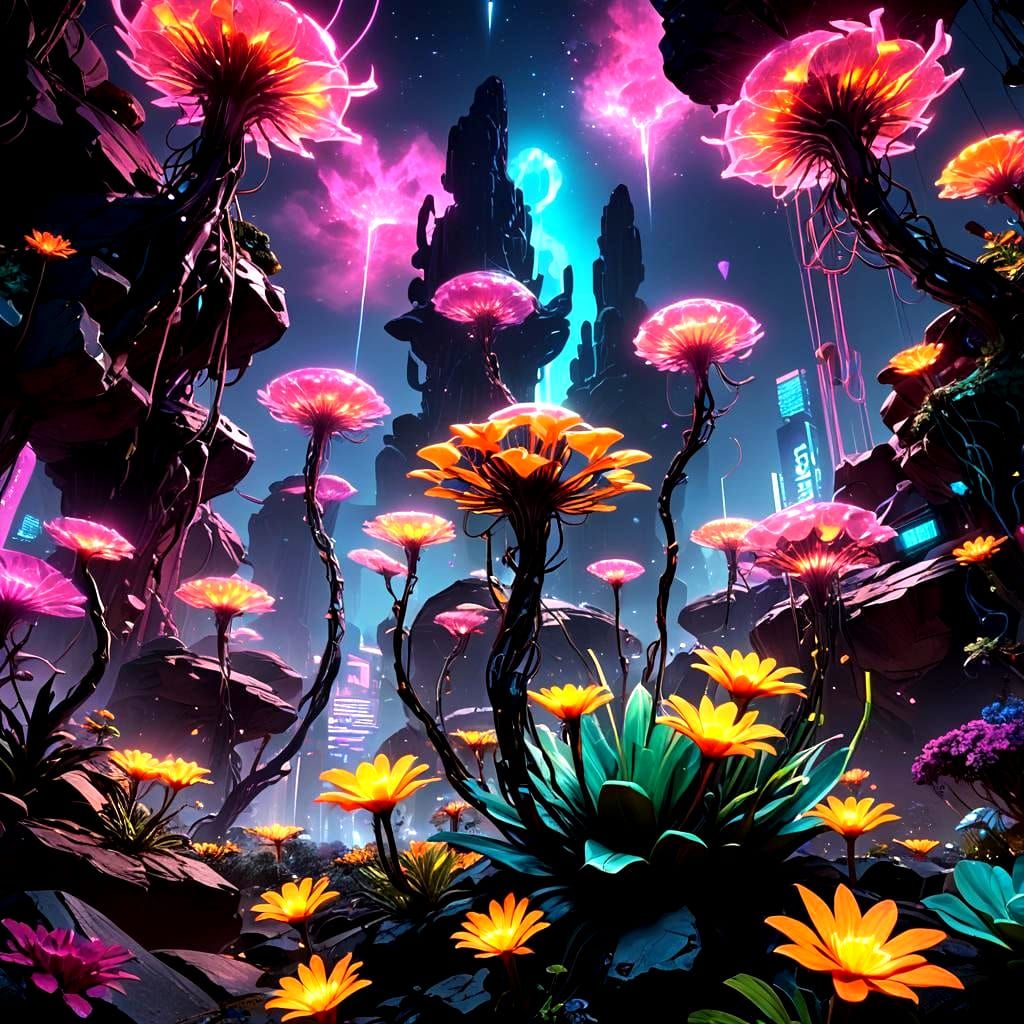 Vibrant Alien Garden with Luminescent Flora in Cyberpunk Sty...