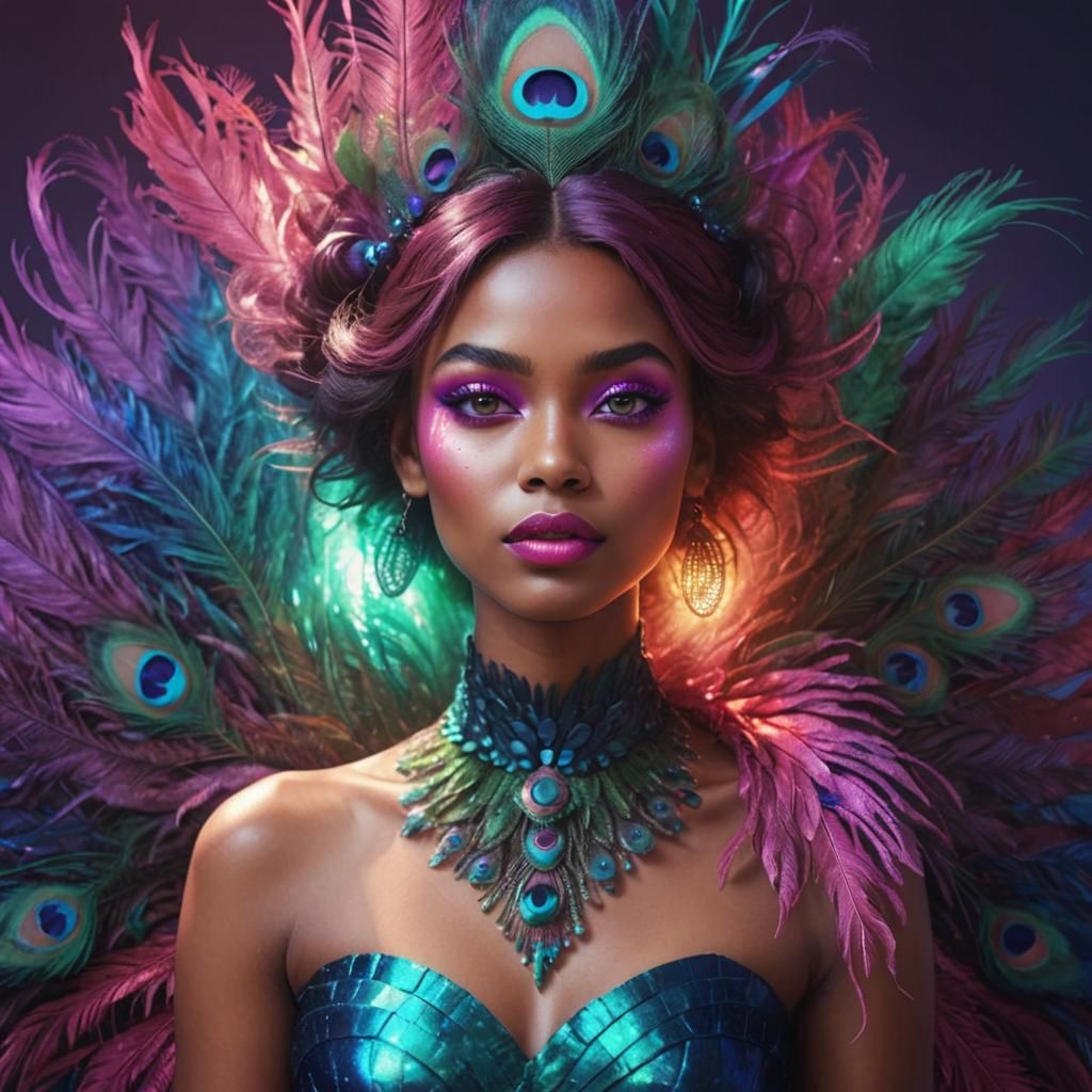 Peacock Woman Digital Portrait in Pixar Style