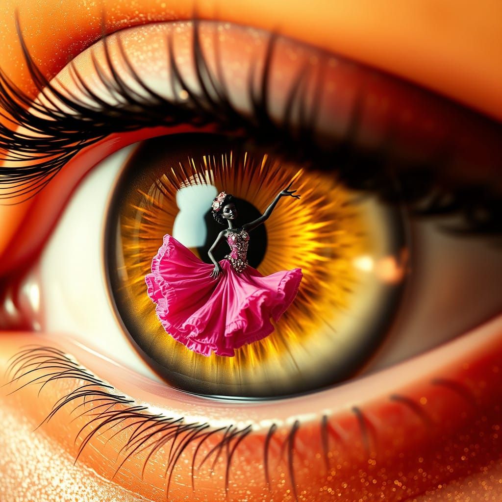 Gigantic Eye with Twirling Flamenco Dancer in Vibrant Pink