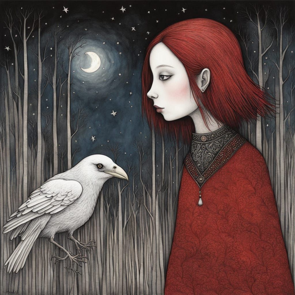 Goth Girl and Her White Crow in Moody Dark Fantasy