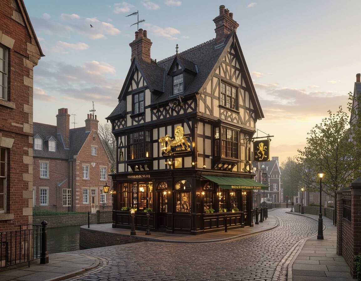 Victorian Tavern Between Tutor Houses with River and Lion Si...
