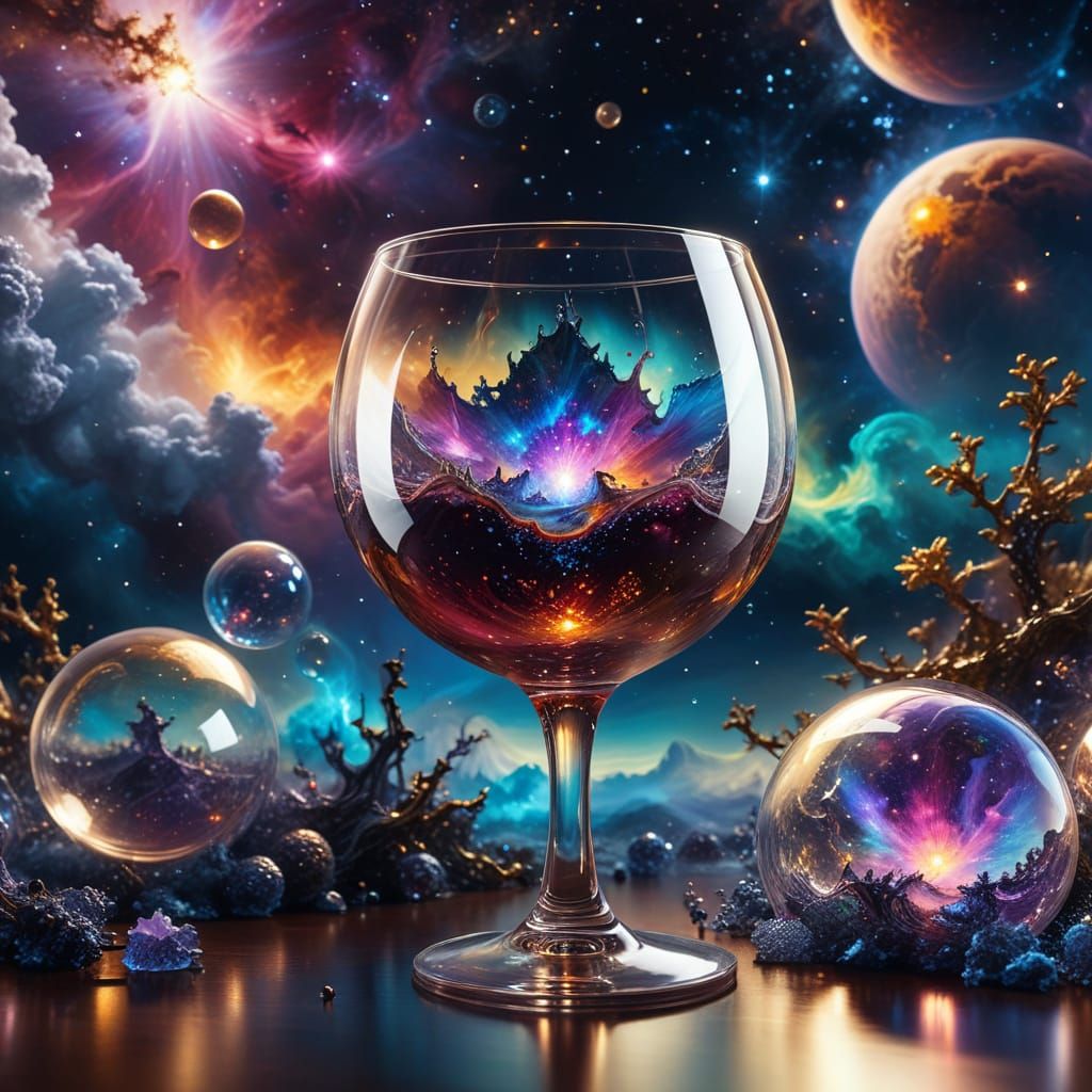 Vibrant Cosmic Wine Glass in Ethereal Oil Painting