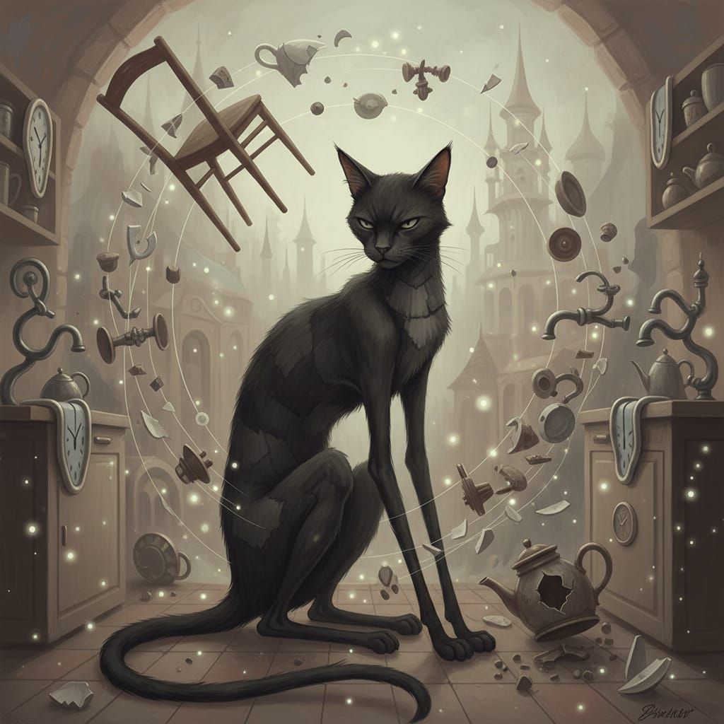 Grumpy Cat in Surreal Devastated Kitchen
