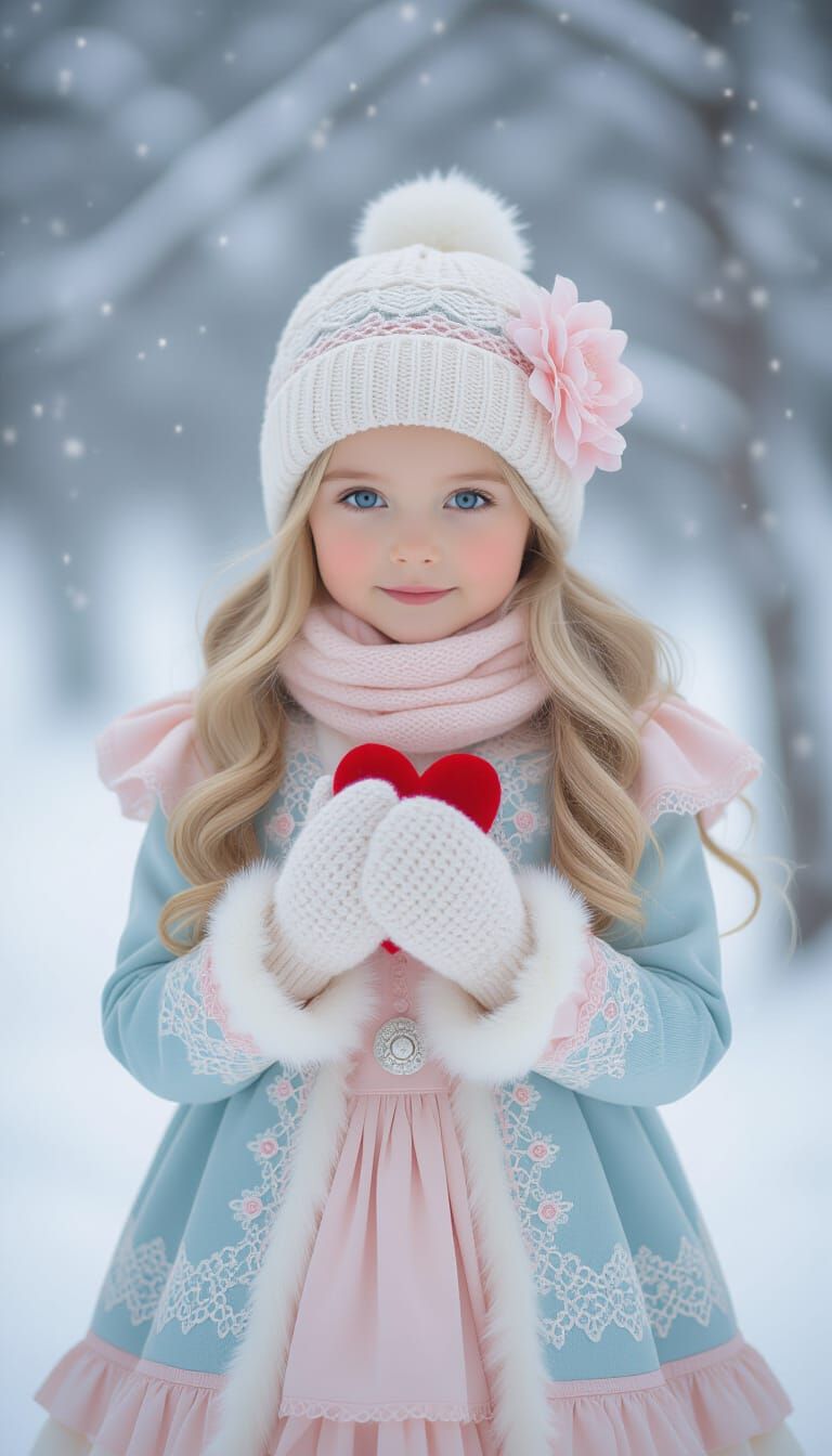 Girl in Winter Forest Holding Heart