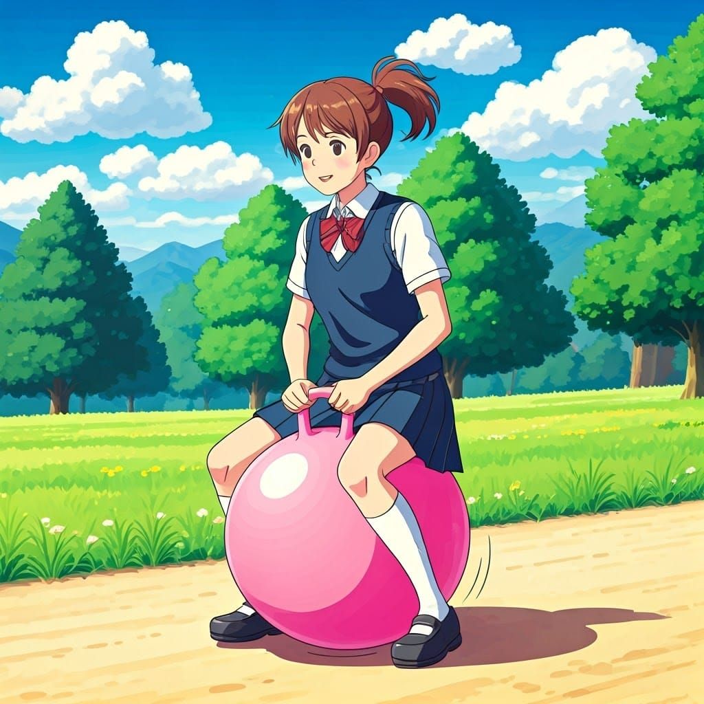 Ghibli-Style Schoolgirl on Pink Hopper Ball