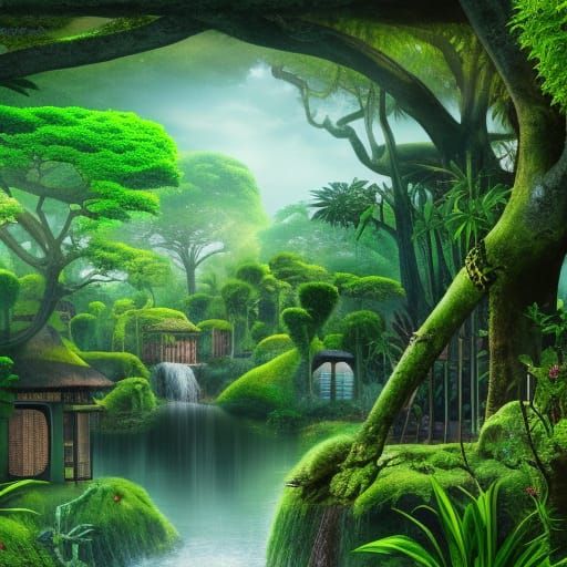 Afro-Japanese Resort in Rainforest: Fantasy Concept Art